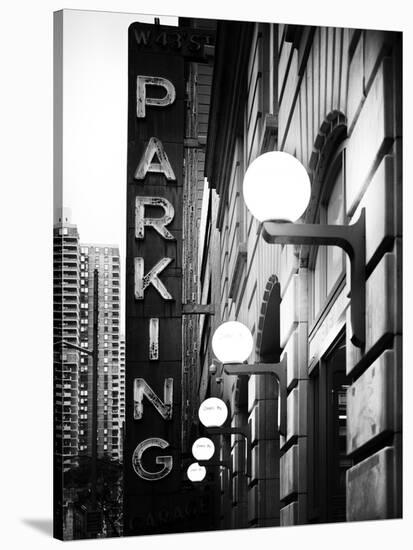 Garage Parking Sign, W 43St, Times Square, Manhattan, New York, US, Black and White Photography-Philippe Hugonnard-Stretched Canvas