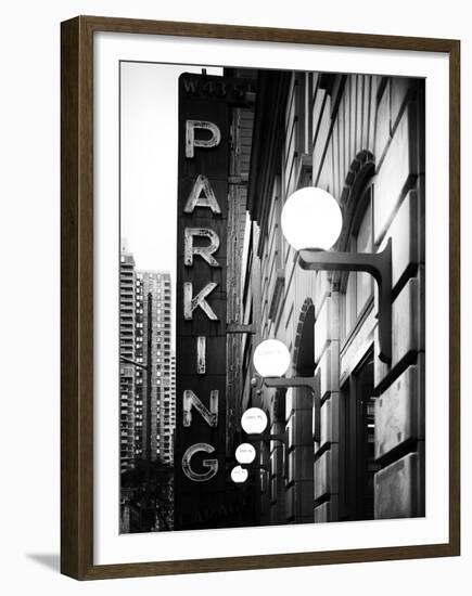 Garage Parking Sign, W 43St, Times Square, Manhattan, New York, US, Black and White Photography-Philippe Hugonnard-Framed Premium Photographic Print