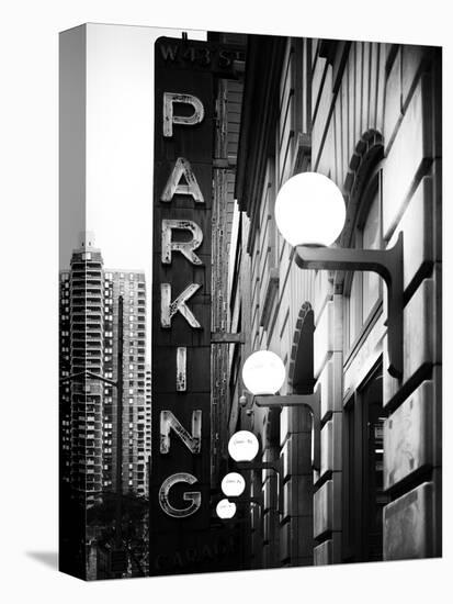 Garage Parking Sign, W 43St, Times Square, Manhattan, New York, US, Black and White Photography-Philippe Hugonnard-Stretched Canvas