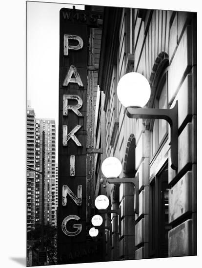 Garage Parking Sign, W 43St, Times Square, Manhattan, New York, US, Black and White Photography-Philippe Hugonnard-Mounted Photographic Print