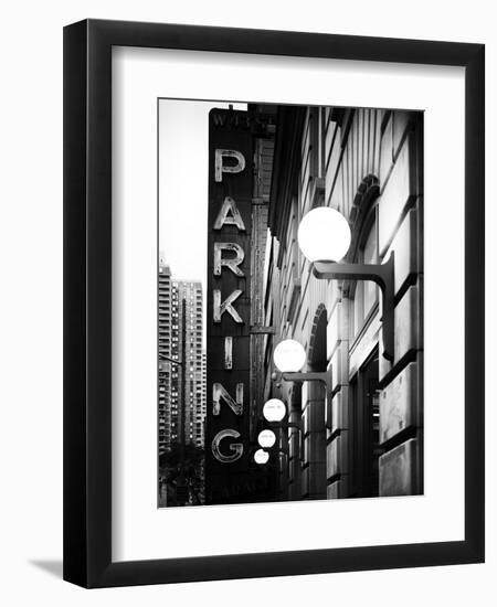 Garage Parking Sign, W 43St, Times Square, Manhattan, New York, US, Black and White Photography-Philippe Hugonnard-Framed Photographic Print