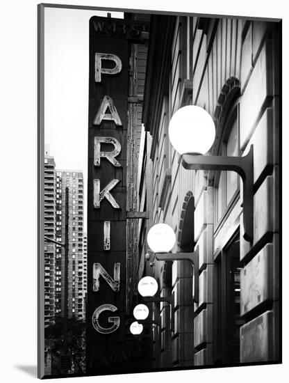 Garage Parking Sign, W 43St, Times Square, Manhattan, New York, US, Black and White Photography-Philippe Hugonnard-Mounted Photographic Print