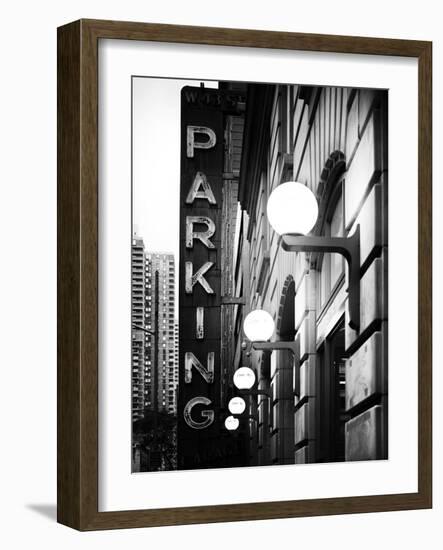 Garage Parking Sign, W 43St, Times Square, Manhattan, New York, US, Black and White Photography-Philippe Hugonnard-Framed Photographic Print