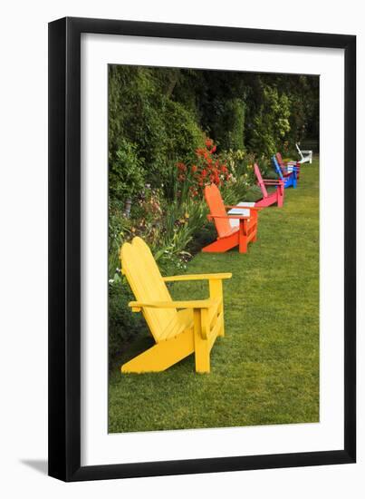 Garden Bench, Schreiner's Iris Gardens, Keizer, Oregon, USA-Rick A. Brown-Framed Photographic Print