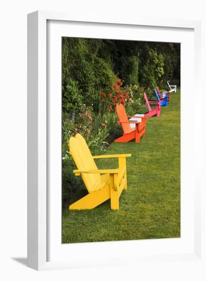 Garden Bench, Schreiner's Iris Gardens, Keizer, Oregon, USA-Rick A. Brown-Framed Photographic Print