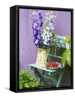Garden Chair with Delphiniums and Plate of Strawberries-Linda Burgess-Framed Stretched Canvas