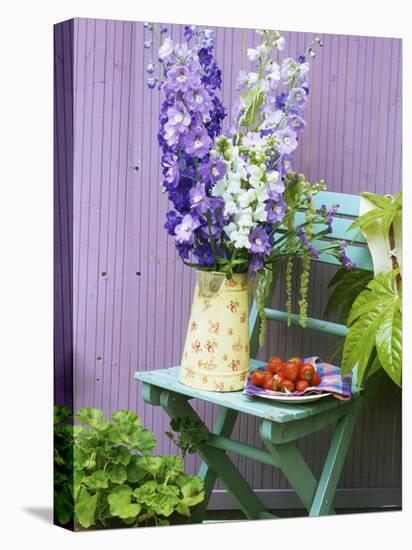 Garden Chair with Delphiniums and Plate of Strawberries-Linda Burgess-Stretched Canvas