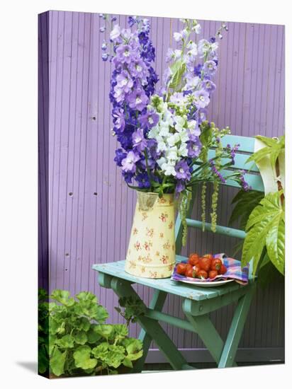 Garden Chair with Delphiniums and Plate of Strawberries-Linda Burgess-Stretched Canvas