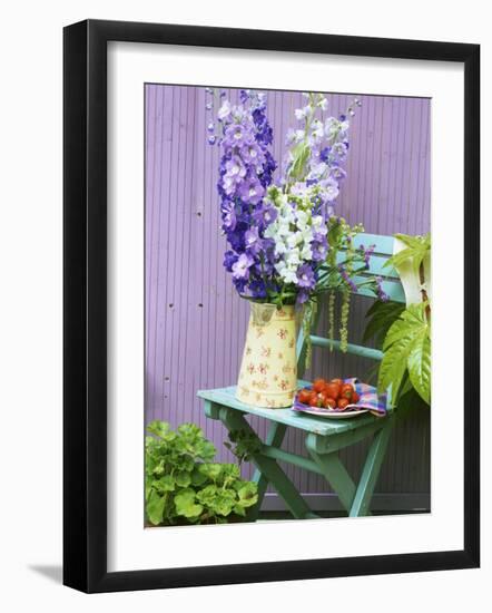 Garden Chair with Delphiniums and Plate of Strawberries-Linda Burgess-Framed Premium Photographic Print