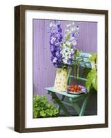 Garden Chair with Delphiniums and Plate of Strawberries-Linda Burgess-Framed Photographic Print