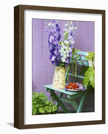 Garden Chair with Delphiniums and Plate of Strawberries-Linda Burgess-Framed Photographic Print