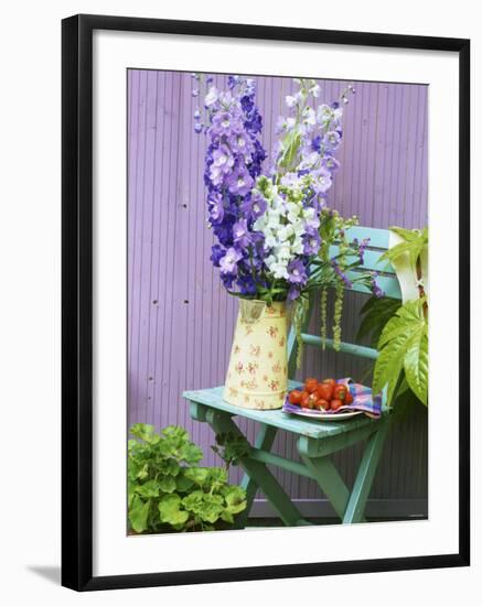 Garden Chair with Delphiniums and Plate of Strawberries-Linda Burgess-Framed Photographic Print