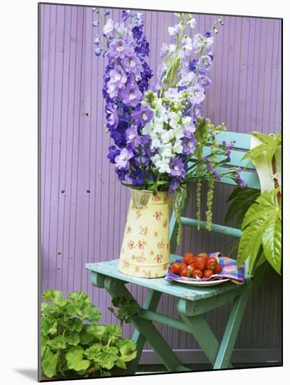 Garden Chair with Delphiniums and Plate of Strawberries-Linda Burgess-Mounted Photographic Print