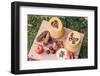 Garden, DIY, self-made bird feeder, pumpkins, apples, box, detail,-mauritius images-Framed Photographic Print