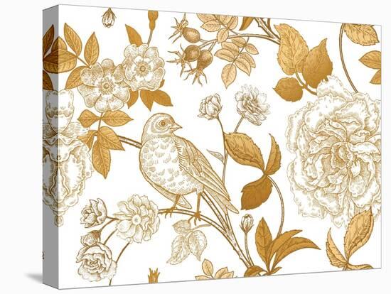Garden Flowers Roses, Peonies and Dog Rose, Bird on Branches . Floral Vintage Seamless Pattern. Gol-mamita-Stretched Canvas