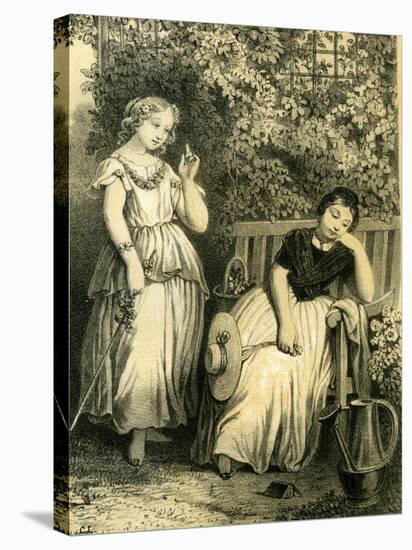 Garden Girls 19th Century Bench Flowers Hat Closed Eyes Book-null-Stretched Canvas