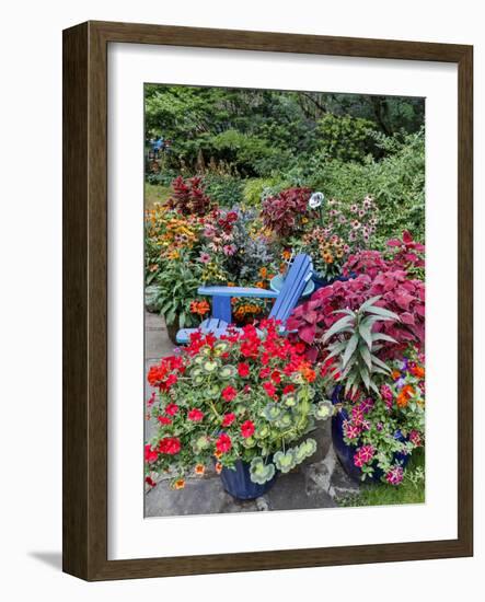 Garden in full bloom with blue chair, Sammamish, Washington State-Darrell Gulin-Framed Photographic Print