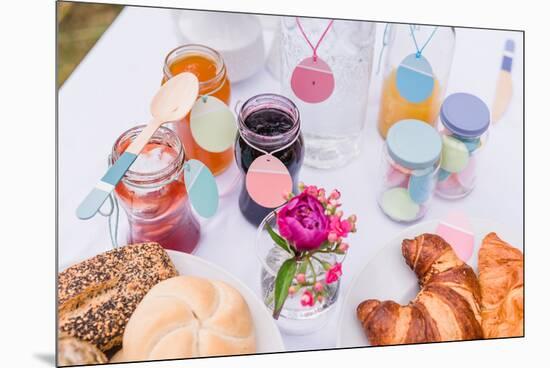 Garden table, covered, Easter breakfast, detail, jams,-mauritius images-Mounted Premium Photographic Print