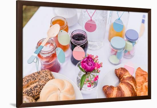 Garden table, covered, Easter breakfast, detail, jams,-mauritius images-Framed Photographic Print