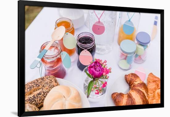 Garden table, covered, Easter breakfast, detail, jams,-mauritius images-Framed Photographic Print