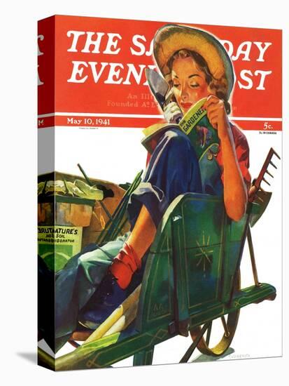 "Gardener in Wheelbarrow," Saturday Evening Post Cover, May 10, 1941-Dominice Cammerota-Stretched Canvas