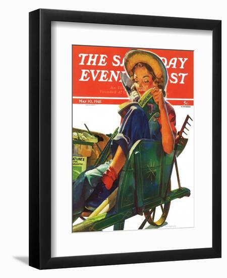 "Gardener in Wheelbarrow," Saturday Evening Post Cover, May 10, 1941-Dominice Cammerota-Framed Premium Giclee Print