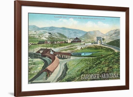 Gardiner, Montana - Yellowstone National Park - Aerial View of Gardiner Depot, Stone Arch-Lantern Press-Framed Premium Giclee Print