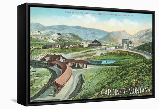 Gardiner, Montana - Yellowstone National Park - Aerial View of Gardiner Depot, Stone Arch-Lantern Press-Framed Stretched Canvas