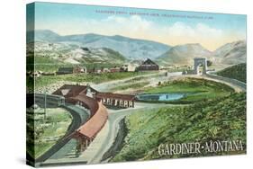 Gardiner, Montana - Yellowstone National Park - Aerial View of Gardiner Depot, Stone Arch-Lantern Press-Stretched Canvas