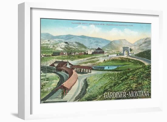 Gardiner, Montana - Yellowstone National Park - Aerial View of Gardiner Depot, Stone Arch-Lantern Press-Framed Art Print