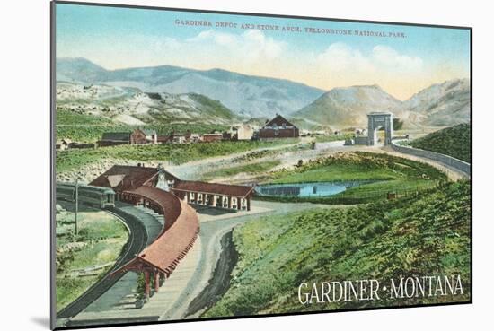 Gardiner, Montana - Yellowstone National Park - Aerial View of Gardiner Depot, Stone Arch-Lantern Press-Mounted Art Print