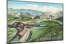 Gardiner, Montana - Yellowstone National Park - Aerial View of Gardiner Depot, Stone Arch-Lantern Press-Mounted Art Print