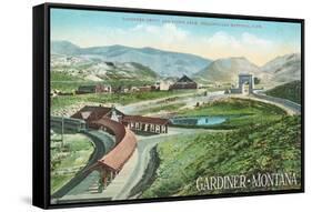 Gardiner, Montana - Yellowstone National Park - Aerial View of Gardiner Depot, Stone Arch-Lantern Press-Framed Stretched Canvas