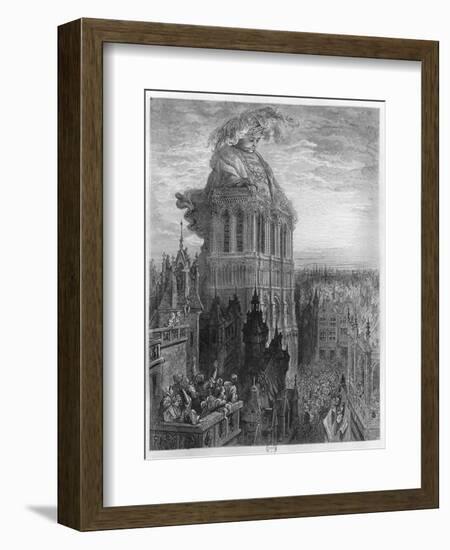 Gargantua on the Towers of Notre-Dame at Paris, Illustration from "Gargantua"-Gustave Doré-Framed Giclee Print