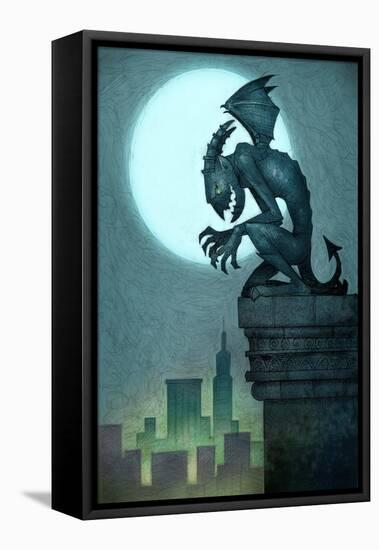 Gargoyle on ledge-Harry Briggs-Framed Stretched Canvas