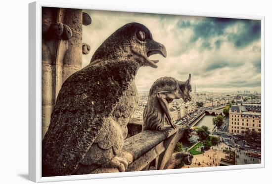 Gargoyles and Chimera Statues of Notre Dame over Paris, France Skyline. Dark Clouds, Vintage-Michal Bednarek-Framed Photographic Print