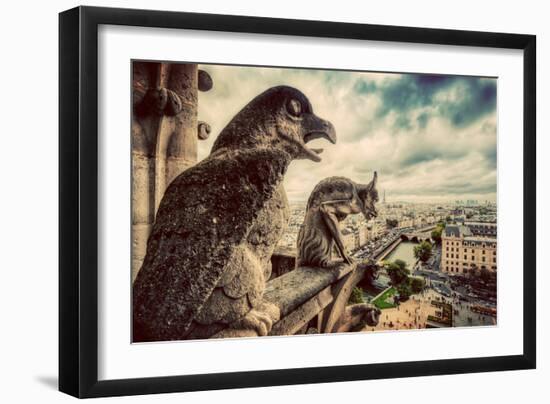 Gargoyles and Chimera Statues of Notre Dame over Paris, France Skyline. Dark Clouds, Vintage-Michal Bednarek-Framed Photographic Print