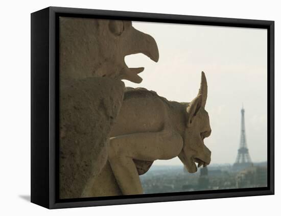 Gargoyles on Notre Dame Cathedral, and Beyond, the Eiffel Tower, Paris, France, Europe-Woolfitt Adam-Framed Stretched Canvas