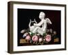 Garland of Pink Roses around Cupid Playing a Lyre on a Marble Ledge, 1841-Johan Laurents Jensen-Framed Giclee Print