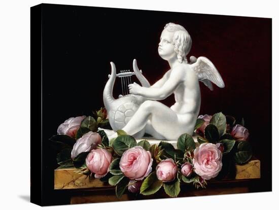 Garland of Pink Roses around Cupid Playing a Lyre on a Marble Ledge, 1841-Johan Laurents Jensen-Stretched Canvas