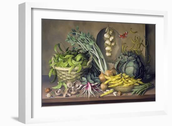 Garlic and Radishes and a Peacock Buttefly, 1997-Amelia Kleiser-Framed Giclee Print