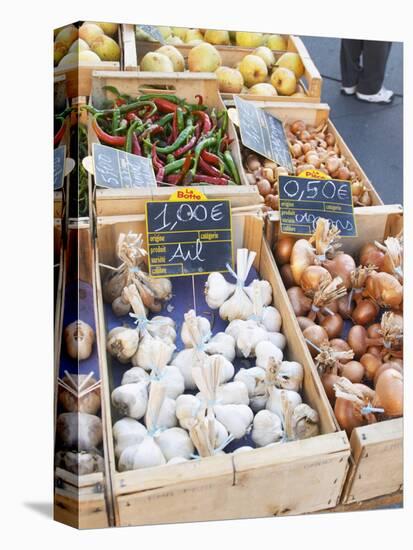 Garlic, Onions and Pimiento Peppers at Market Stall, Bergerac, Dordogne, France-Per Karlsson-Stretched Canvas