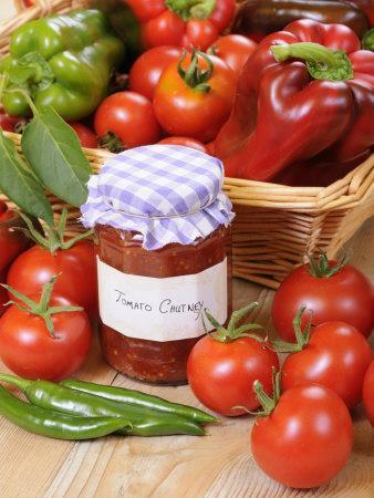 Country Kitchen Scene with Home Made Chutney and Ingredients - Tomatoes and Peppers, UK