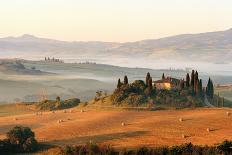 Farmhouse in Rolling Tuscan Landscape at Dawn-Gary Yeowell-Mounted Photographic Print