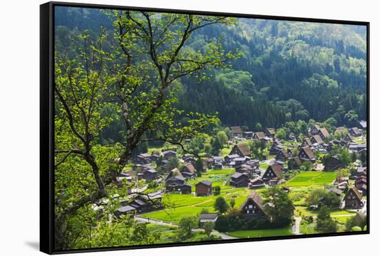 Gassho-zukuri houses and farmland in the mountain, Shirakawa-go, Japan-Keren Su-Framed Stretched Canvas
