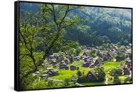 Gassho-zukuri houses and farmland in the mountain, Shirakawa-go, Japan-Keren Su-Framed Stretched Canvas