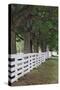 Gate and white wooden fence and overhanging trees, Shaker Village of Pleasant Hill, Harrodsburg, KY-Adam Jones-Stretched Canvas