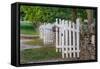 Gate and white wooden fence and rock wall, Shaker Village of Pleasant Hill, Harrodsburg, Kentucky-Adam Jones-Framed Stretched Canvas