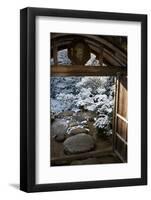 Gate on snowy Japanese garden, Okochi-sanso villa, Kyoto, Japan, Asia-Damien Douxchamps-Framed Photographic Print