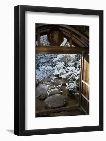 Gate on snowy Japanese garden, Okochi-sanso villa, Kyoto, Japan, Asia-Damien Douxchamps-Framed Photographic Print